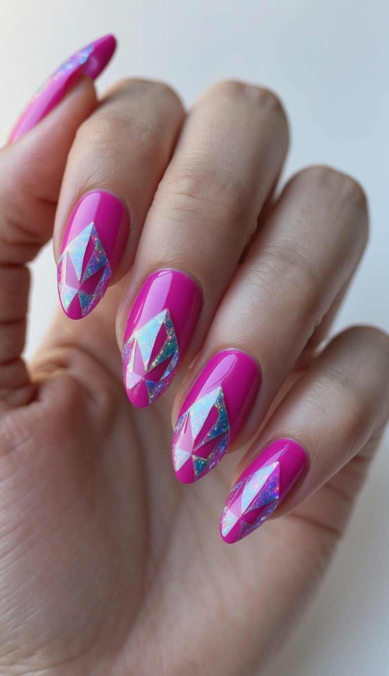 Hand showing blush nail art with holographic triangular shapes, reflecting light over a pink base for a geometric nail look.