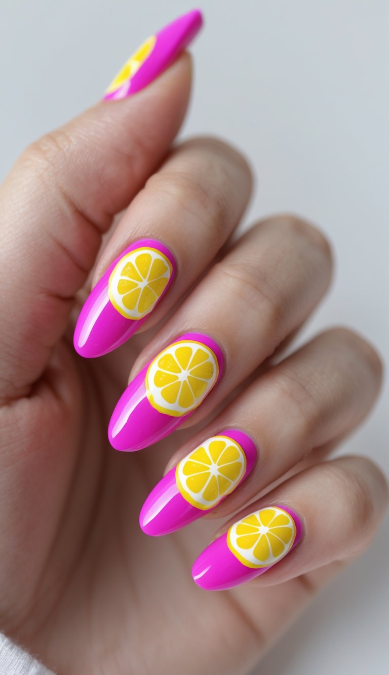 Hand with blush pink nails featuring lemon slice designs for a fresh, fruity blush nail art style.