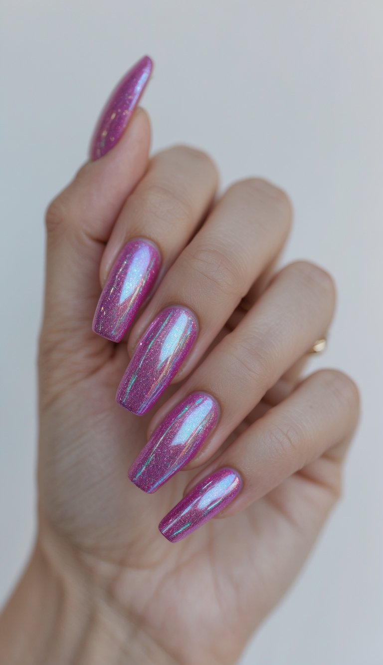 Blush pink holographic nails with a reflective, rainbow shimmer effect for a glowing, futuristic blush nail art idea.