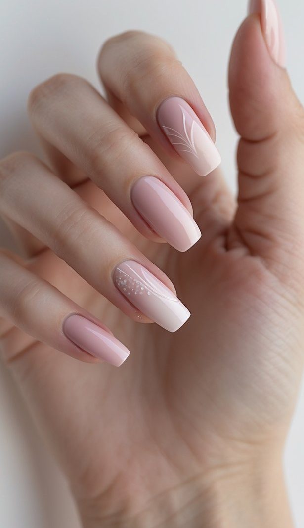 A delicate hand showcasing a blush nail art idea with long square-shaped nails in a soft pink ombré base, detailed with fine white leaf lines and subtle dotted accents.