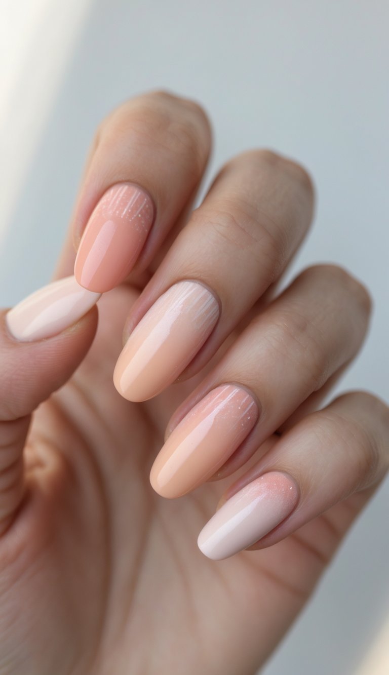 An elegant hand with almond nails displays a blush nail art idea resembling a watercolor gradient, blending creamy pinks and peaches with fine white lines and a subtle shimmer effect.
