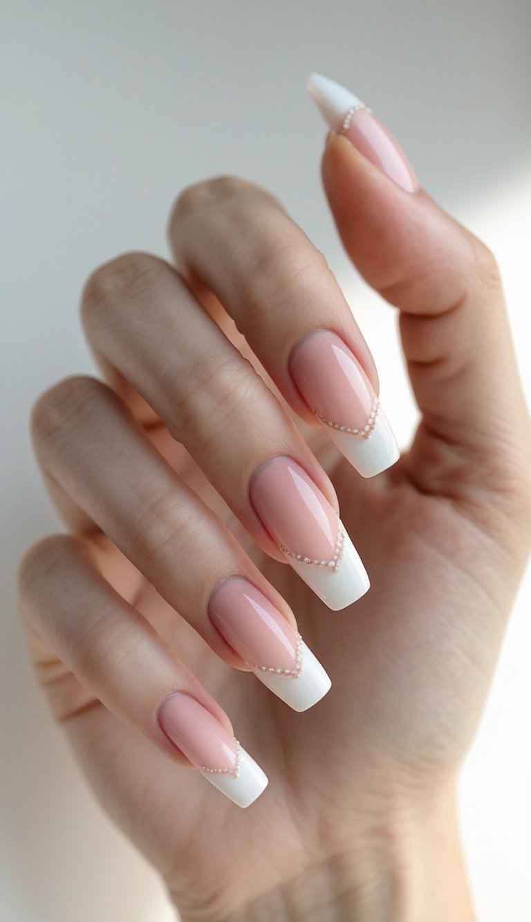 A hand with blush nail art idea featuring long, squared nails with soft pink bases, sharply angled white French tips, and pearl-like dots forming clean V-shaped cuticle accents.