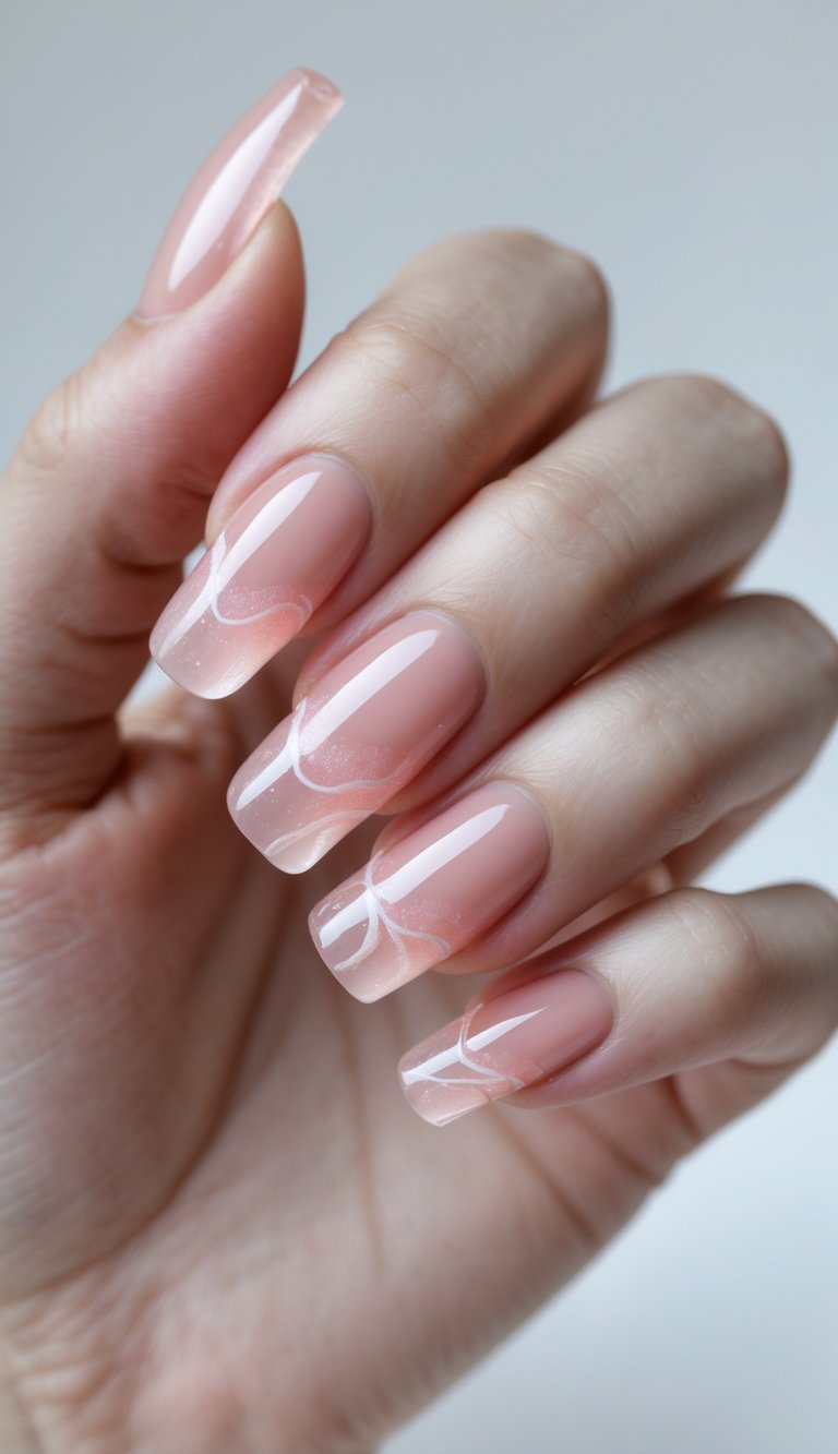 A graceful hand displays a blush nail art idea with long, semi-transparent nude nails, each detailed with flowing white swirl patterns that evoke a dreamy, light-reflective effect.
