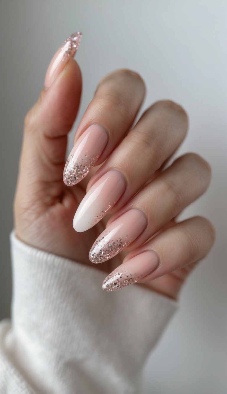 Nails styled in a blush nail art idea where silver glitter sparkles like champagne fizz atop soft pink and white almond-shaped tips, shown on a hand in an ivory sleeve.