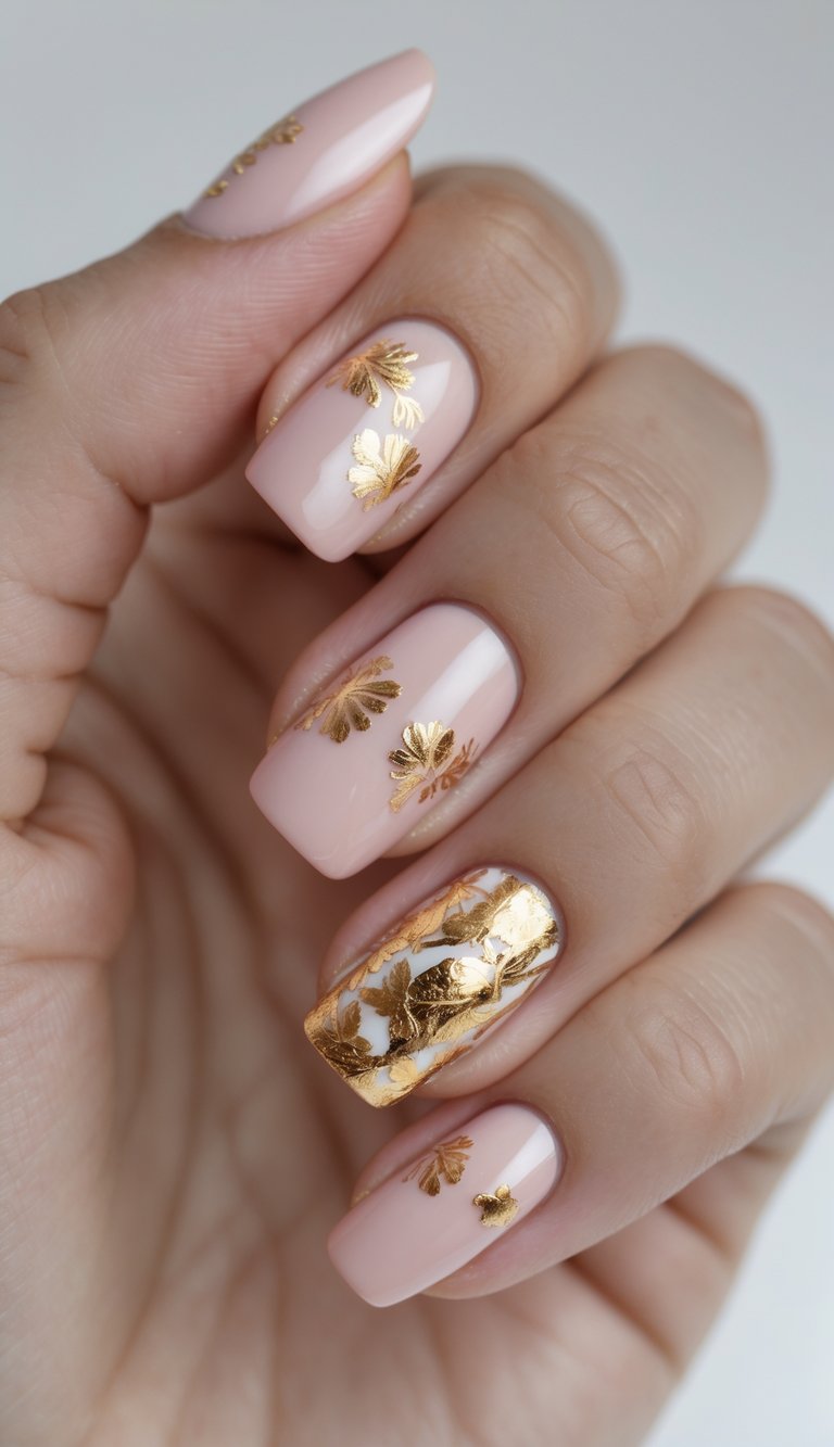 Close-up of a hand showcasing blush nail art idea with glossy pale pink nails, accented by bold golden floral foils layered onto a mix of solid and transparent backgrounds.