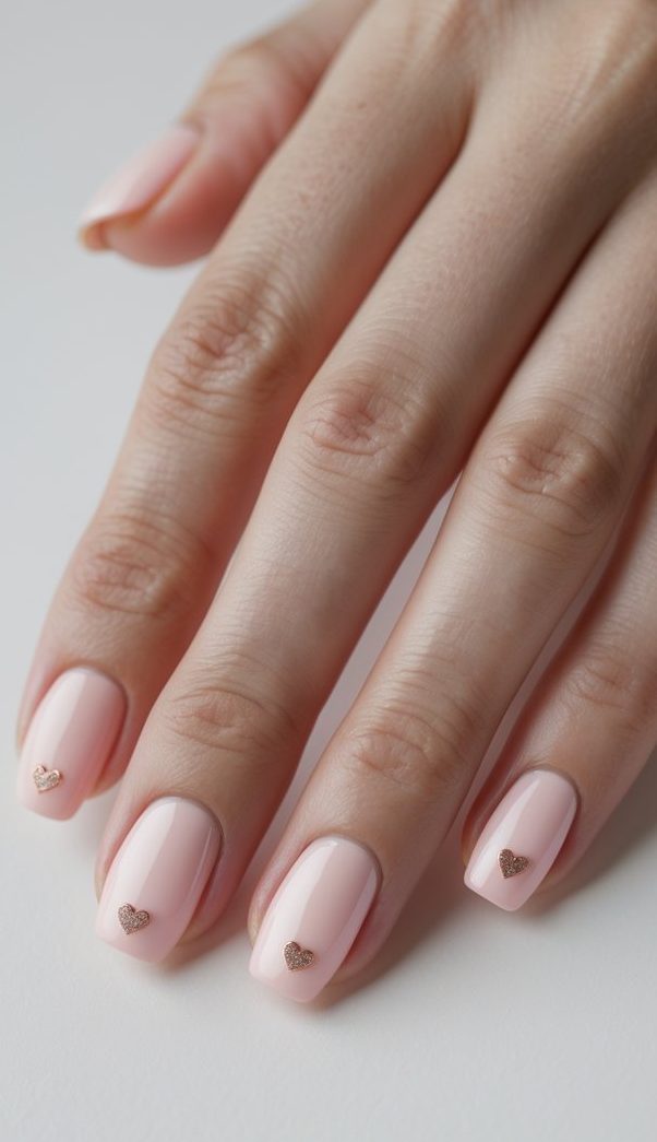 Close-up of a natural hand wearing a blush nail art idea with a glossy baby-pink base, each short nail finished with one centered, metallic heart embellishment for a minimalist touch.