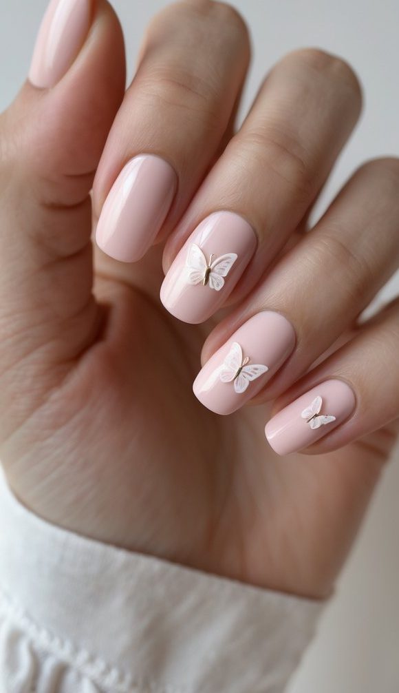 Hand with softly rounded nails showcases a blush nail art idea with smooth pale-pink polish, each adorned with petite white butterfly decals that add texture and femininity.