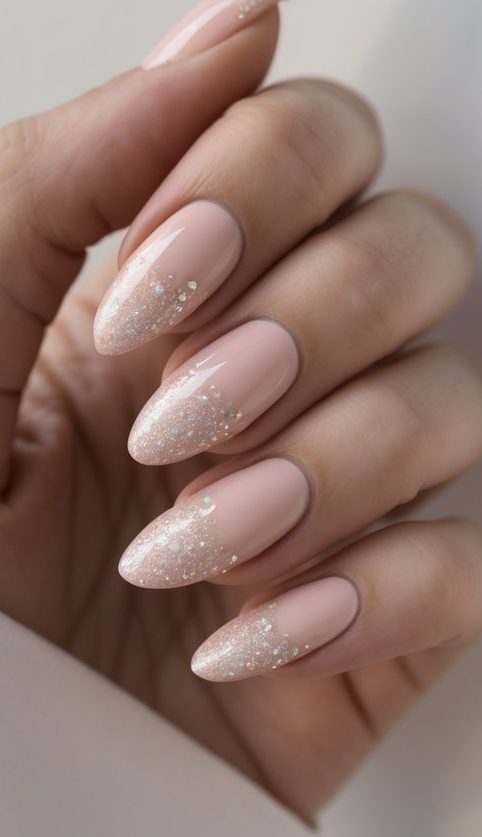 Close-up of a blush nail art idea featuring glossy pink nails with tapered tips coated in translucent white glitter, giving a balanced mix of elegance and shine.
