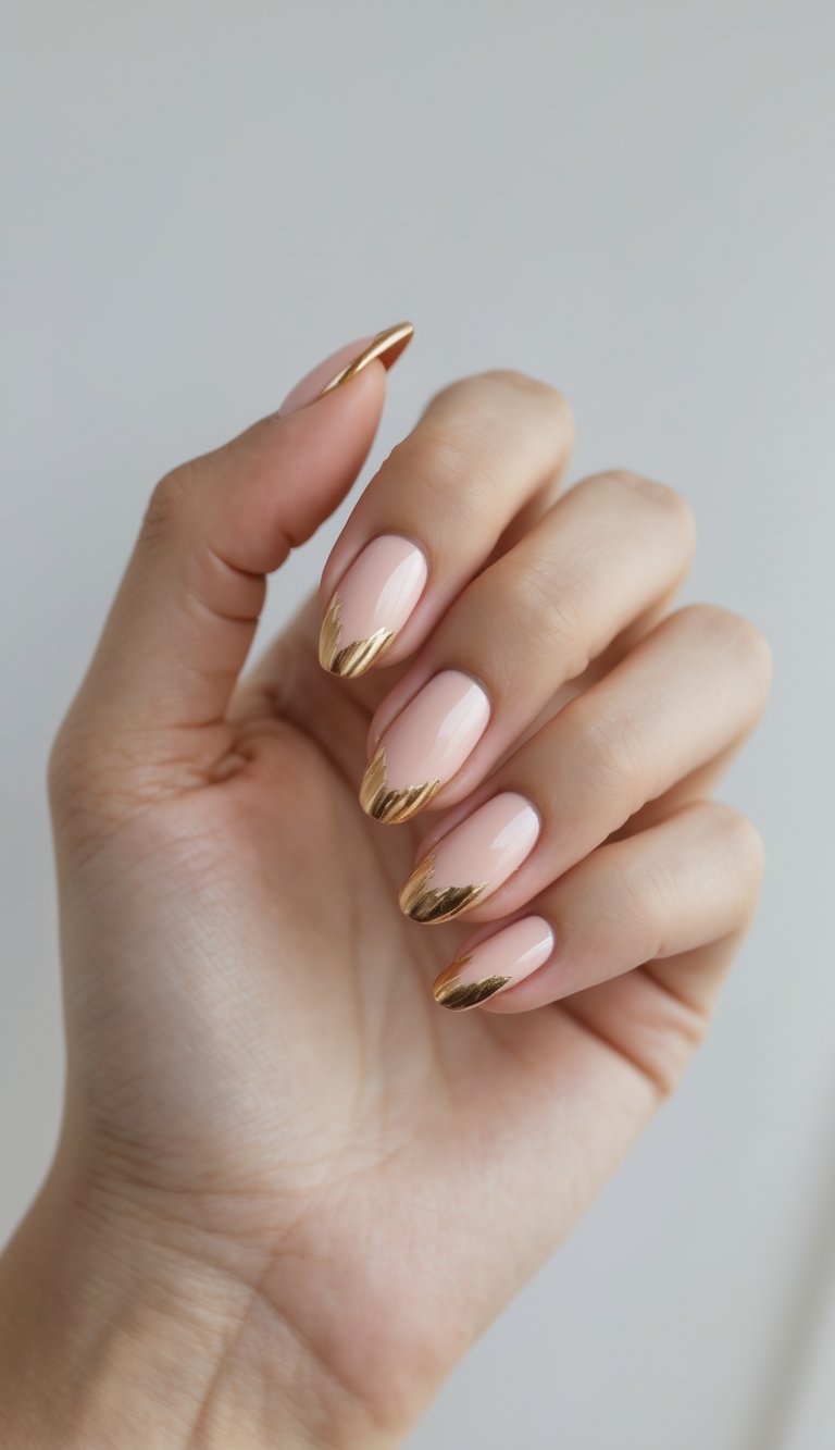 Blush nail art idea on a hand with long, rounded nails painted in glossy nude pink and topped with freeform metallic gold strokes across each tip for a dynamic, luxe finish.