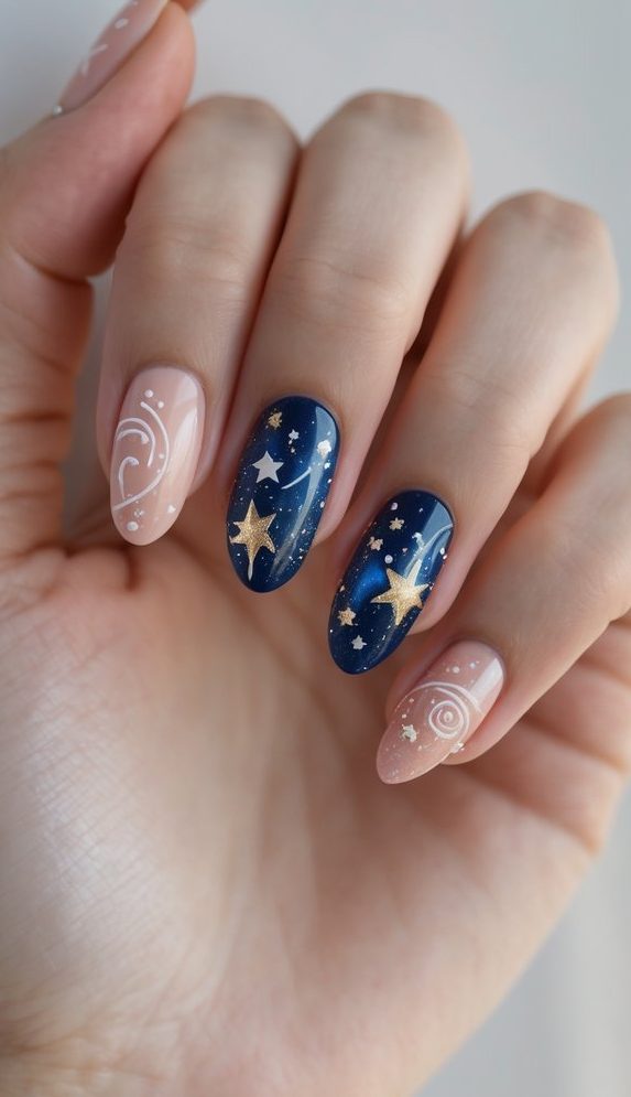 A hand features a blush nail art idea with a mix of soft pink and midnight blue nails, decorated with gold stars, white constellations, and cosmic swirls across almond-shaped tips.