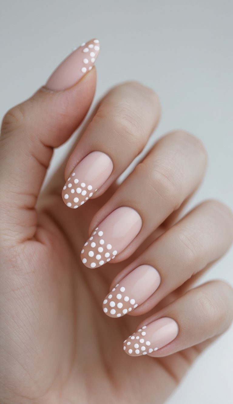 A hand showcases a blush nail art idea with almond-shaped nails in soft pink, finished with playful white polka dot tips in various sizes, giving a bubbly, textured look.