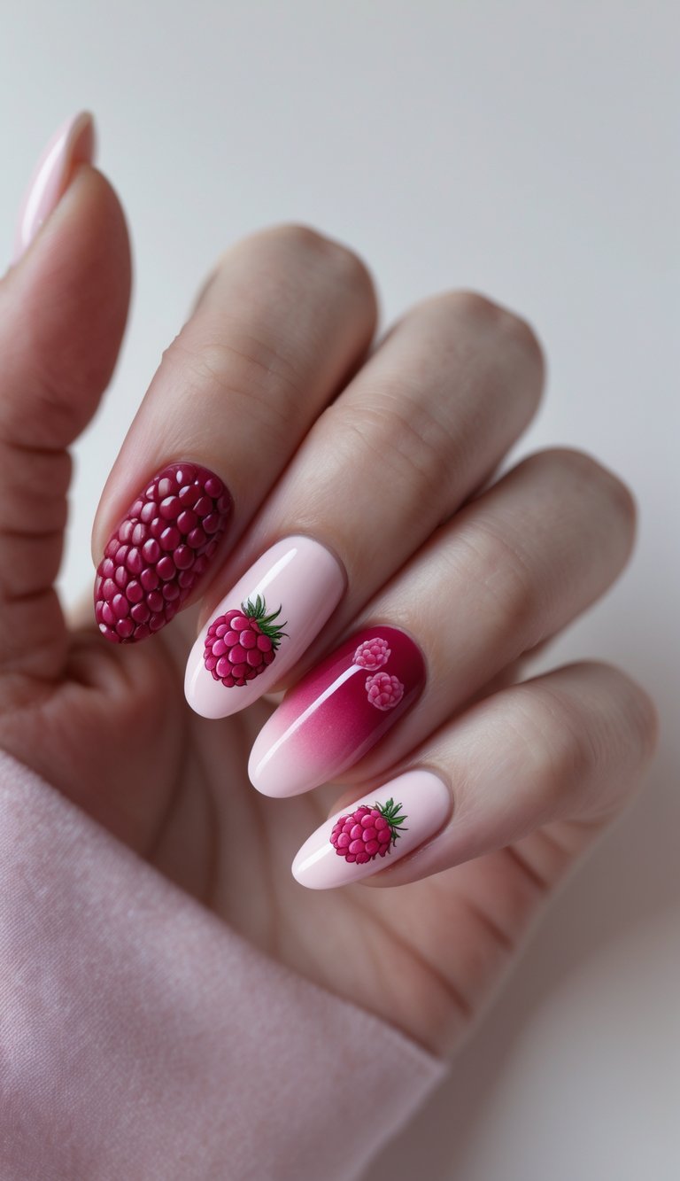 Close-up of one hand with detailed raspberry-themed nail art on all nails against a white background.