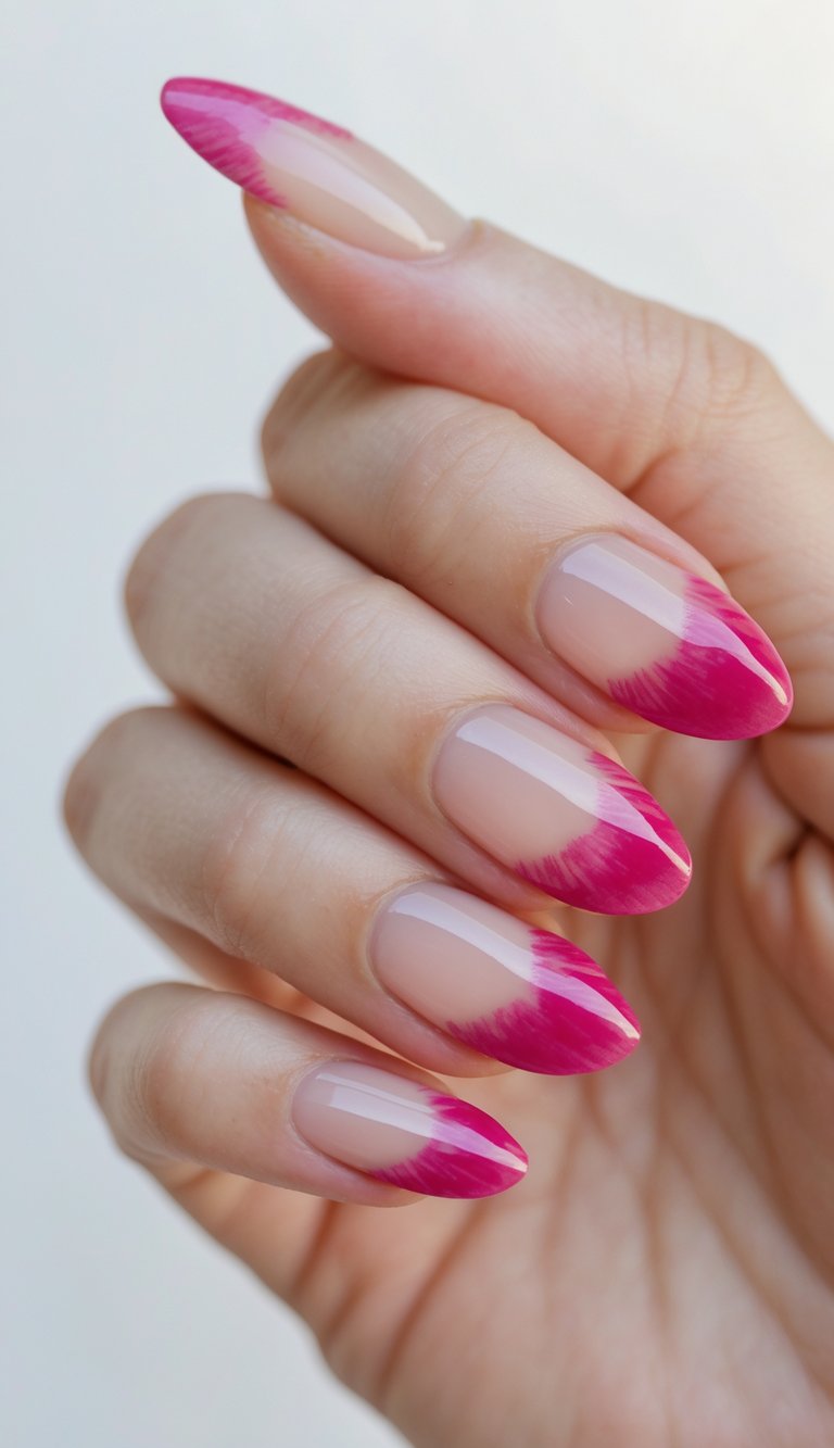 A close-up of a hand showing a raspberry nail art idea with translucent nude nails and bold raspberry-pink brushstroke accents concentrated along the tips.