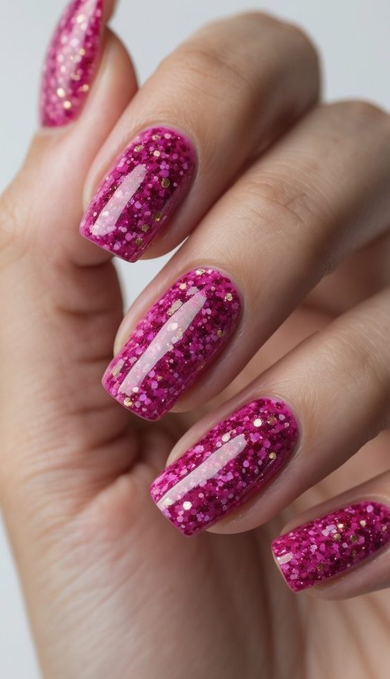 Hand posed naturally showing a raspberry nail art idea with glossy, glitter-packed raspberry nails that shimmer with fine metallic flecks under soft lighting.