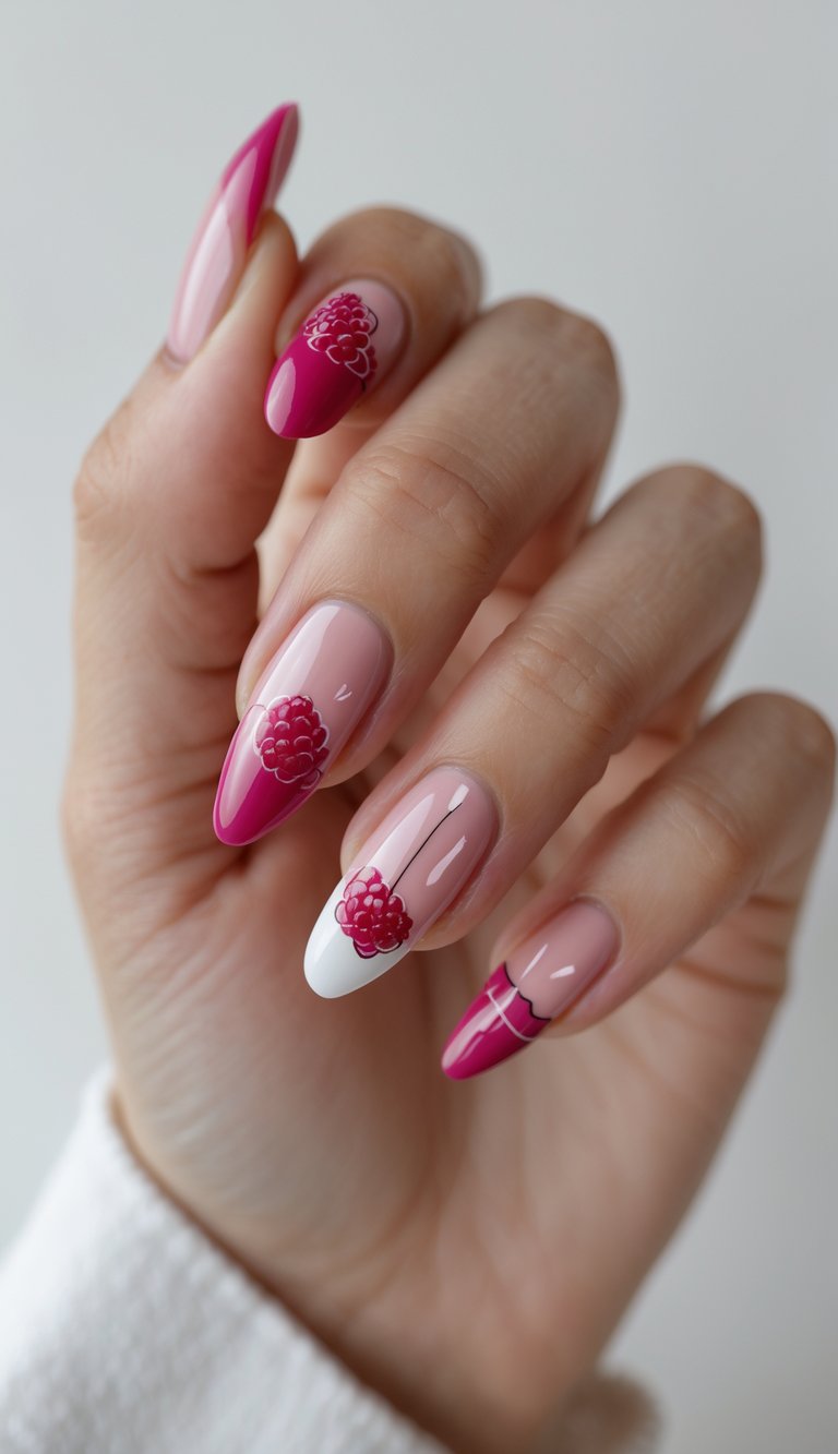 Hand posed against a light background displaying a raspberry nail art idea with glossy nude bases, bold raspberry pink tips, and detailed raspberry fruit artwork.