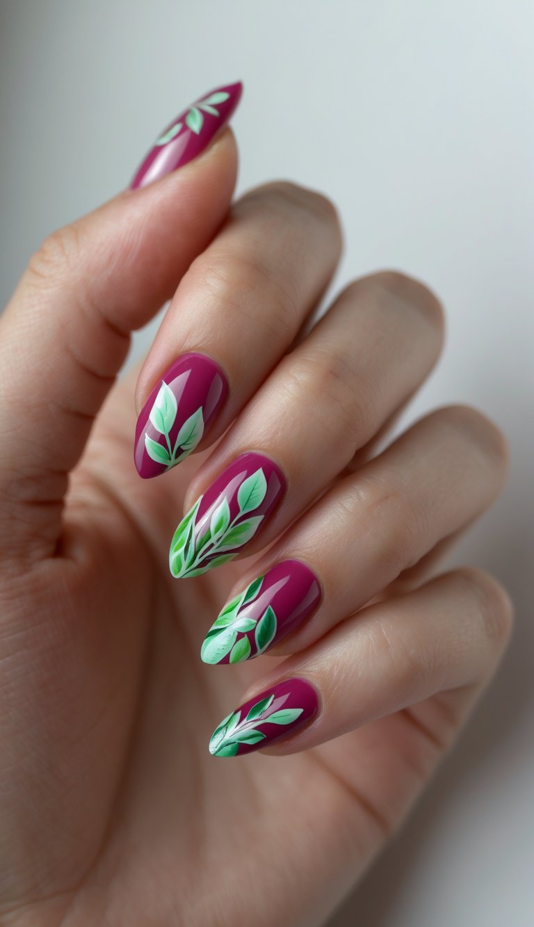 A natural hand pose featuring a raspberry nail art idea with almond-shaped berry nails decorated with hand-painted green leaves and soft highlights.