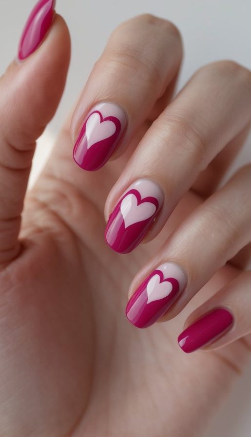 Close-up of a relaxed hand displaying a raspberry nail art idea featuring raspberry-colored nails, light pink bases, and neatly painted white heart motifs.