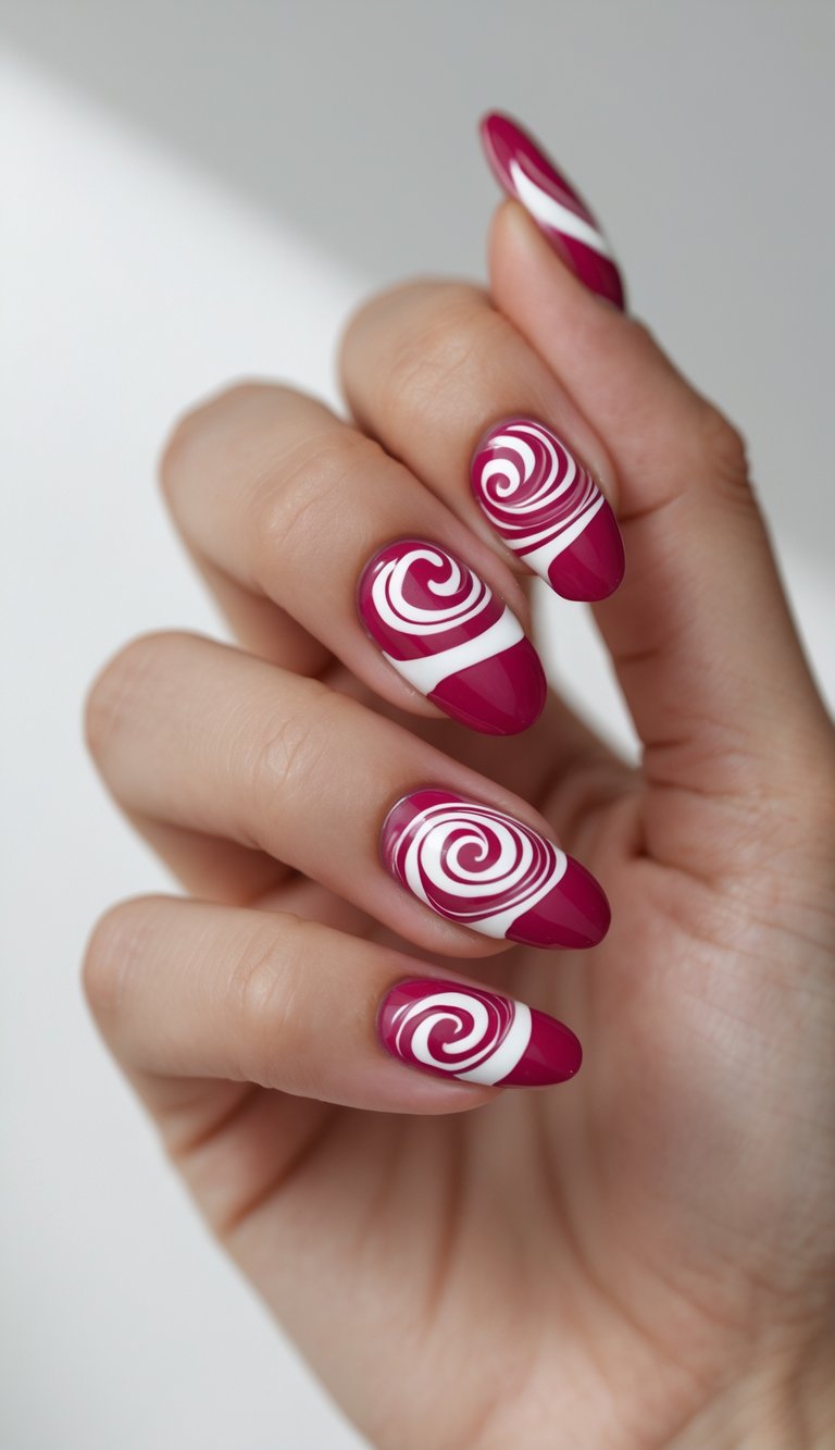 An angled hand pose displaying a raspberry nail art idea featuring deep raspberry polish, clean white swirl patterns, and almond-shaped glossy nails.