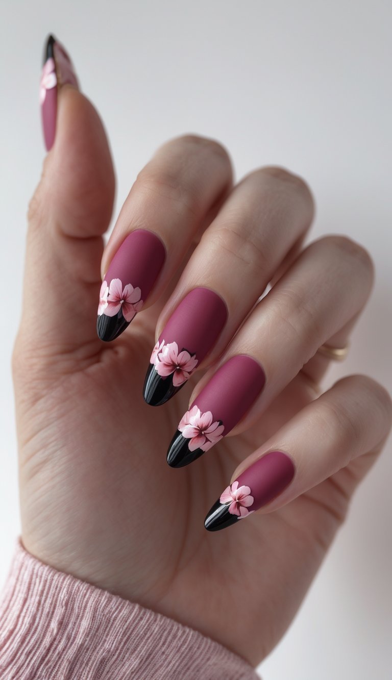 A hand resting against a light background showcasing a raspberry nail art idea with matte berry nails, black pointed tips, and hand-painted pink floral accents.