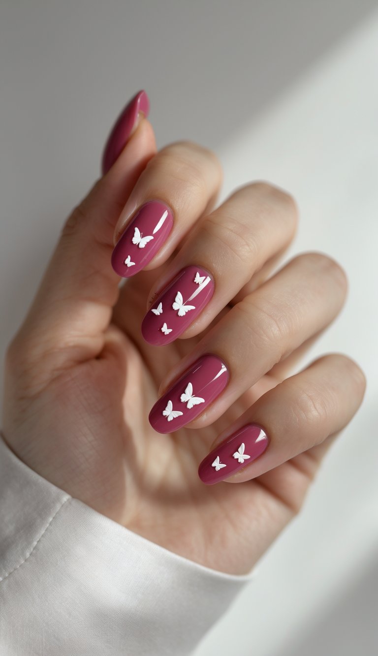 Feminine hand posed naturally, showcasing glossy raspberry nails decorated with small white butterfly designs on each nail against a soft, neutral background.