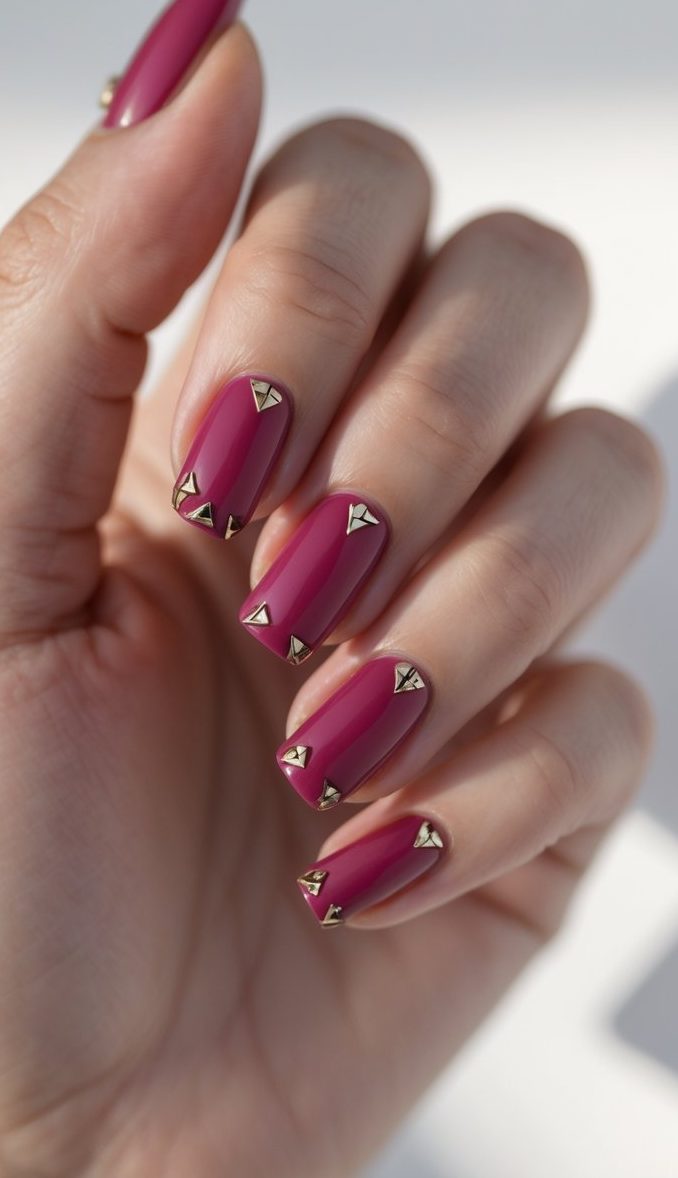 Hand posed in soft light displaying raspberry-colored nails finished with a smooth gloss and decorated with tiny gold triangular studs placed near the tips.