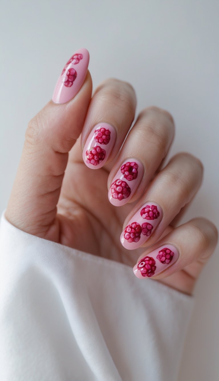 Close-up of a hand with pale pink nails featuring small raised raspberry-shaped designs placed across each nail, giving the manicure a textured and playful finish.
