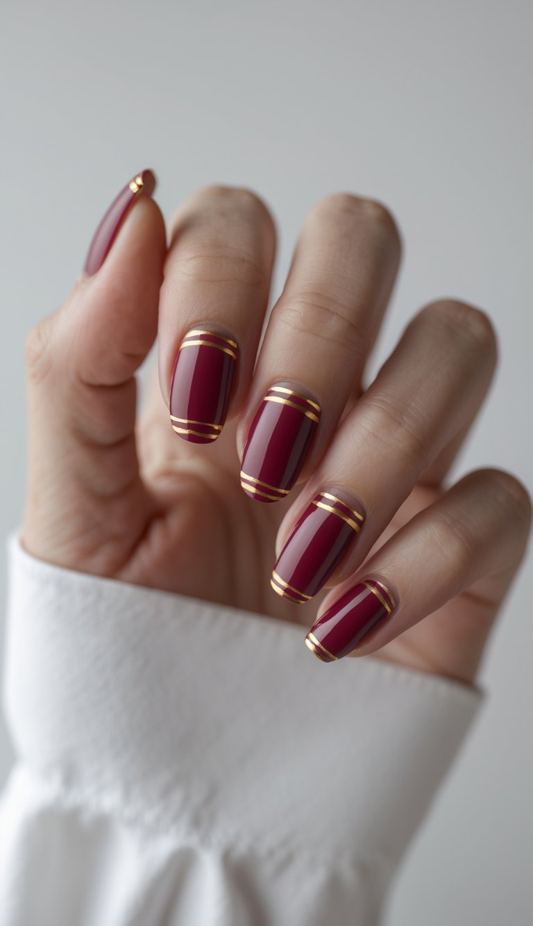 Close-up of a hand displaying deep raspberry-colored nails enhanced with slim gold bands placed evenly across each nail for a refined, minimalist finish.