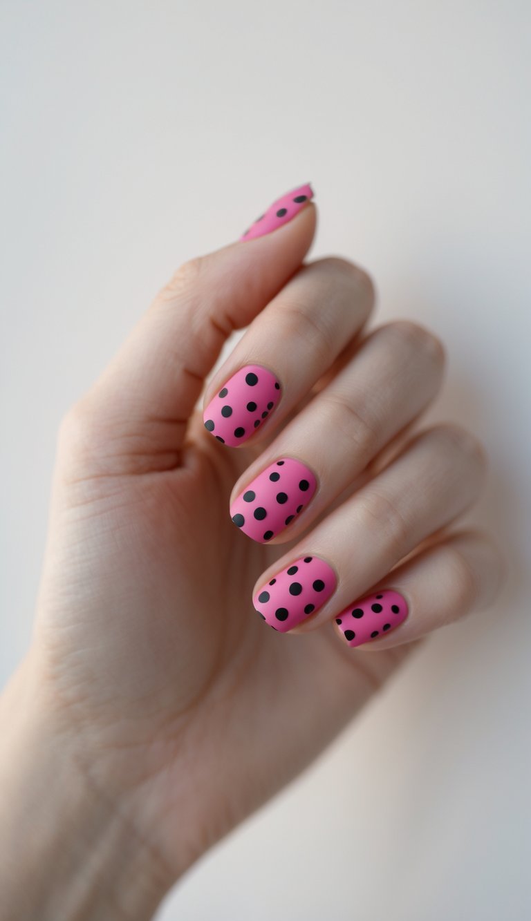 Hand posed gently with fingers curved inward, displaying raspberry-pink nails accented by small black polka dots for a clean and playful nail art design.