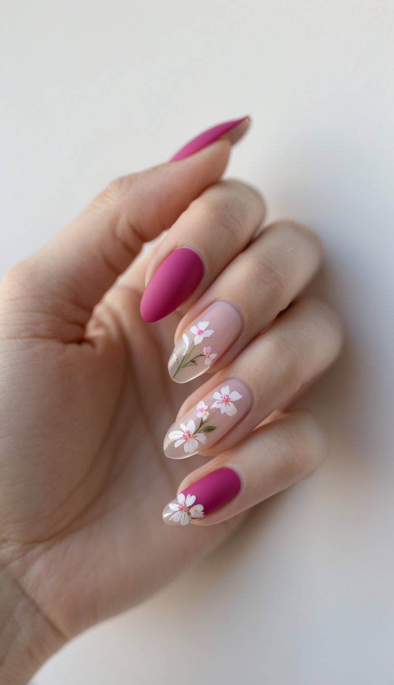 Close-up of fingers slightly curled, featuring matte raspberry-pink nails mixed with clear nude nails adorned with fine white floral artwork.