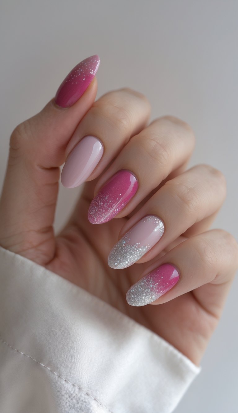 A hand is shown with almond-shaped nails displaying a pink and nude base that fades into silver glitter tips, finished with a glossy surface and evenly blended shimmer.