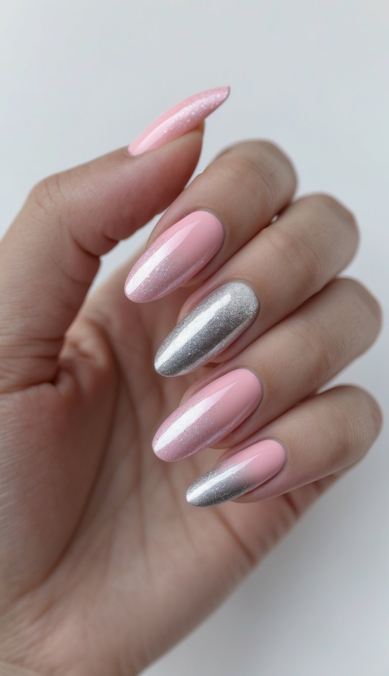 A close-up of a hand reveals almond-shaped nails featuring a pink and silver nail art idea, with pale pink shimmer polish and a single metallic silver chrome nail for contrast.