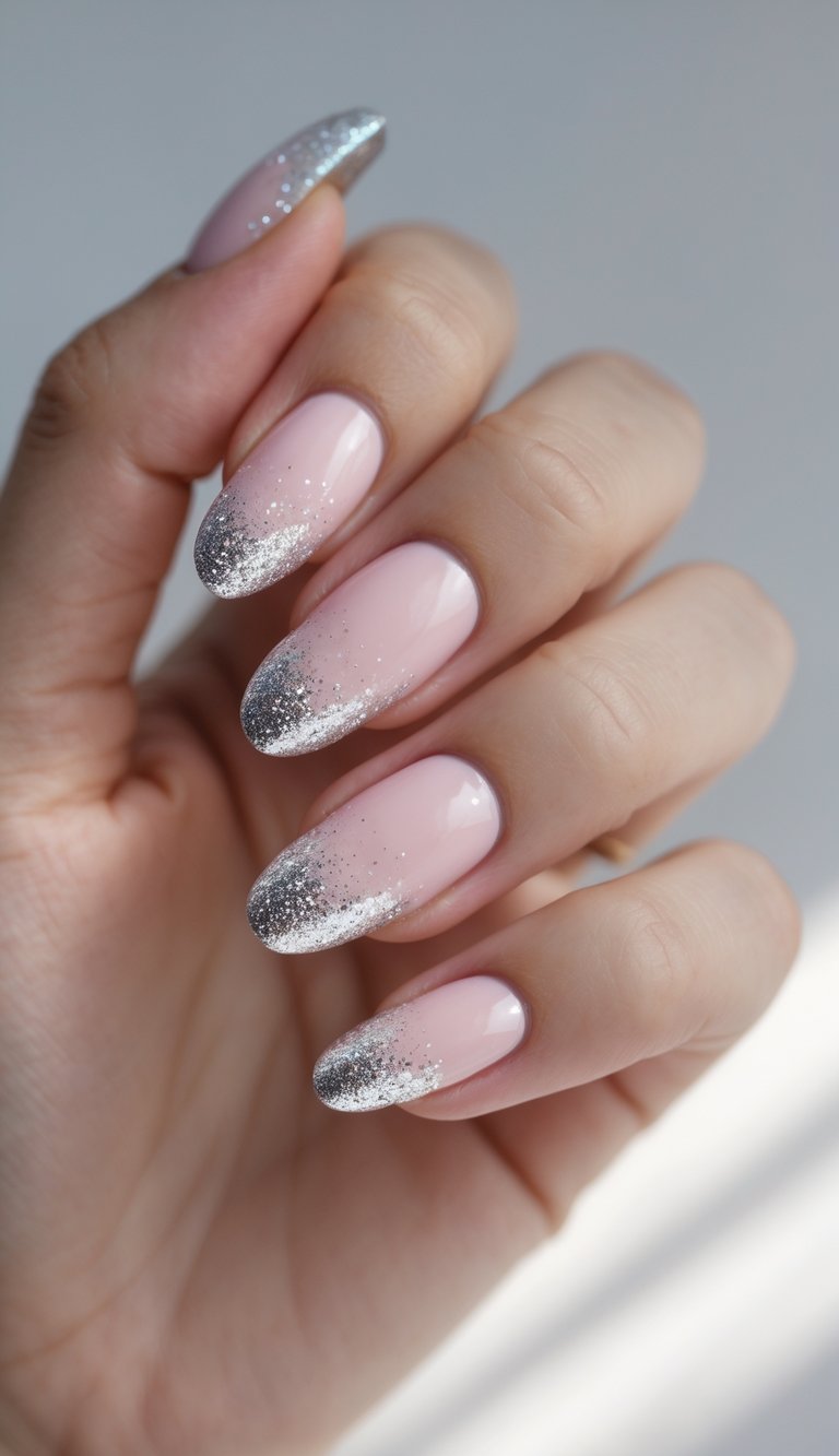 From a natural angle, a manicured hand displays a pink and silver nail art idea using pale pink polish and softly dusted silver glitter concentrated toward each nail tip.