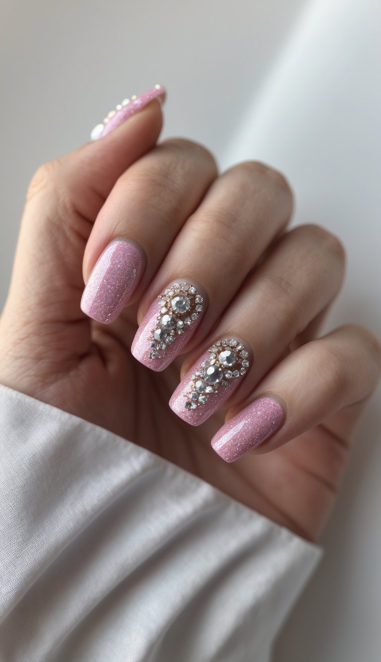Captured in soft lighting, a hand shows glossy pink nails styled in a pink and silver nail art idea, highlighted by silver rhinestone accents that add texture and shine.