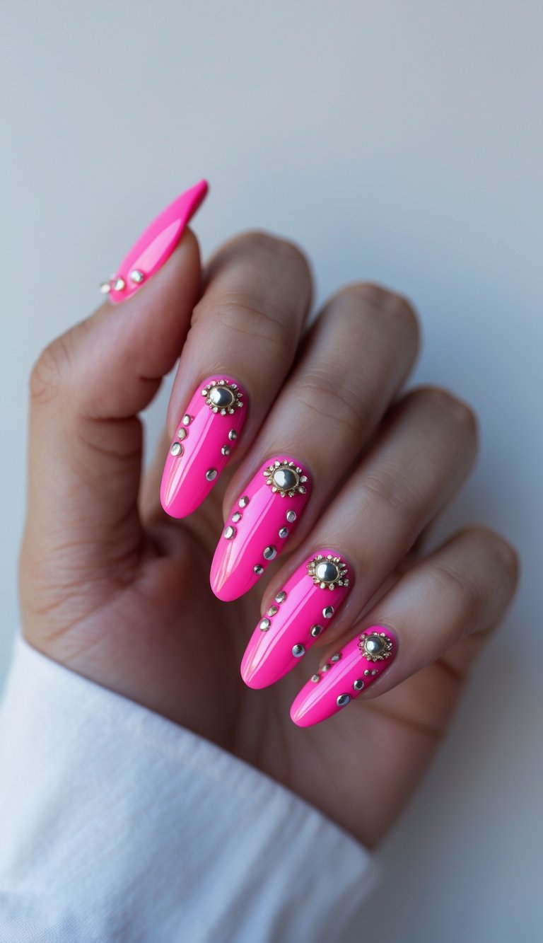 What immediately draws attention is a hand wearing long neon pink stiletto nails styled as a pink and silver nail art idea, featuring silver studs and raised metallic embellishments.