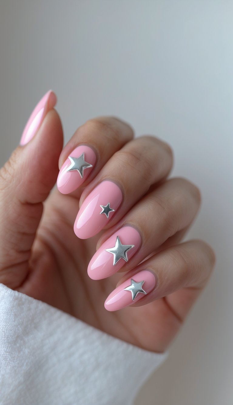 A softly lit close-up shows a manicured hand displaying a pink and silver nail art idea, where glossy pink nails are accented with silver star-shaped decorations.