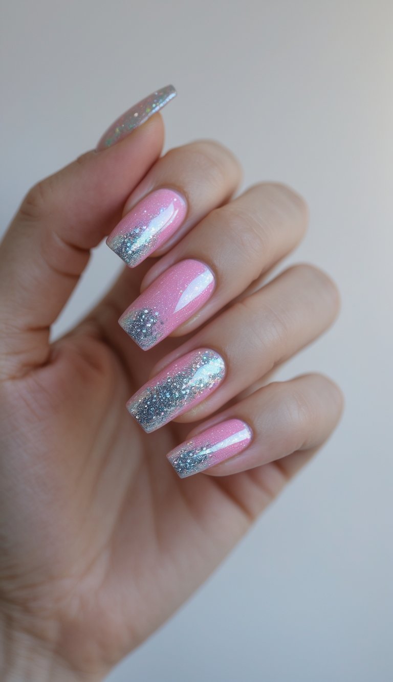 A softly lit close-up captures a manicured hand showing a pink and silver nail art idea, where glossy pink nails melt into textured silver glitter along the edges.
