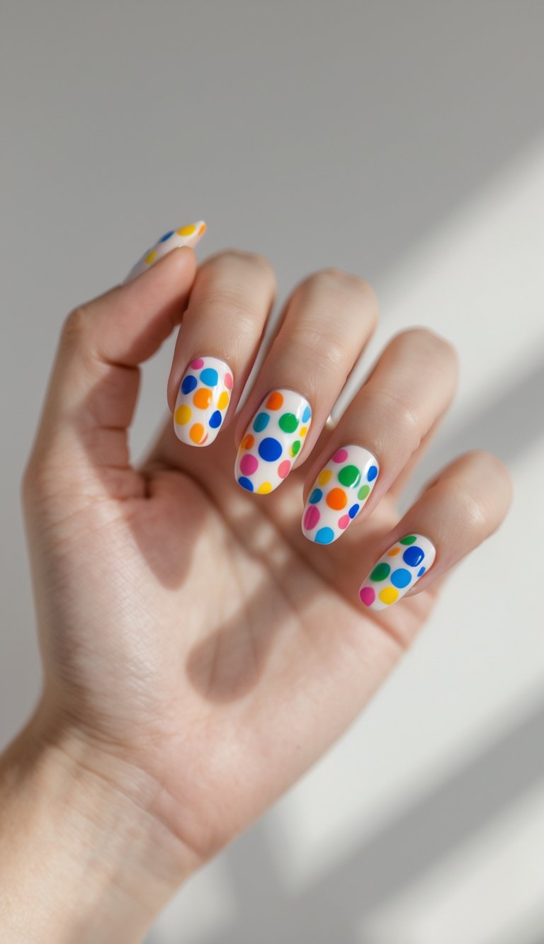 Close-up of a youthful hand showing glossy white nails with neat rainbow polka dots in candy-like colors, a fresh take on rainbow nail art ideas.