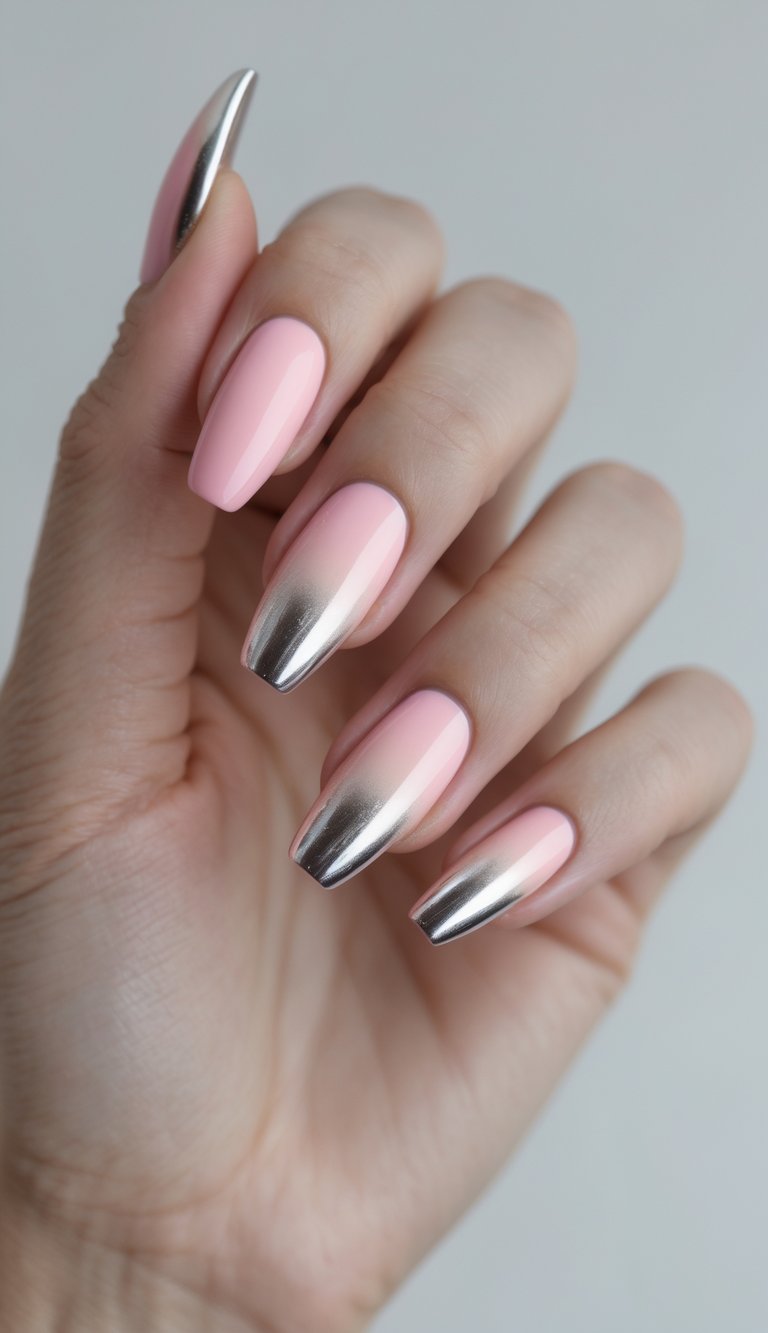 Seen from a natural angle, a hand shows long square nails designed in a pink and silver nail art idea, featuring glossy pink bases finished with metallic silver chrome ends.