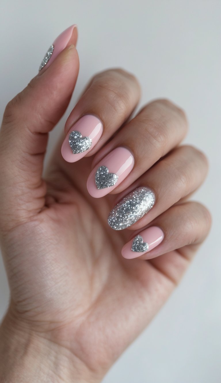 A softly lit close-up reveals a manicured hand displaying a pink and silver nail art idea, where blush nails are decorated with silver heart shapes and a densely glittered accent nail.