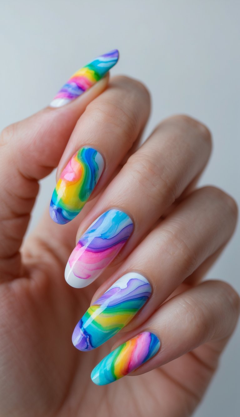 Close-up of fingers with a playful rainbow nail art idea using fluid, marbled designs in pink, blue, green, and yellow across almond-shaped nails.