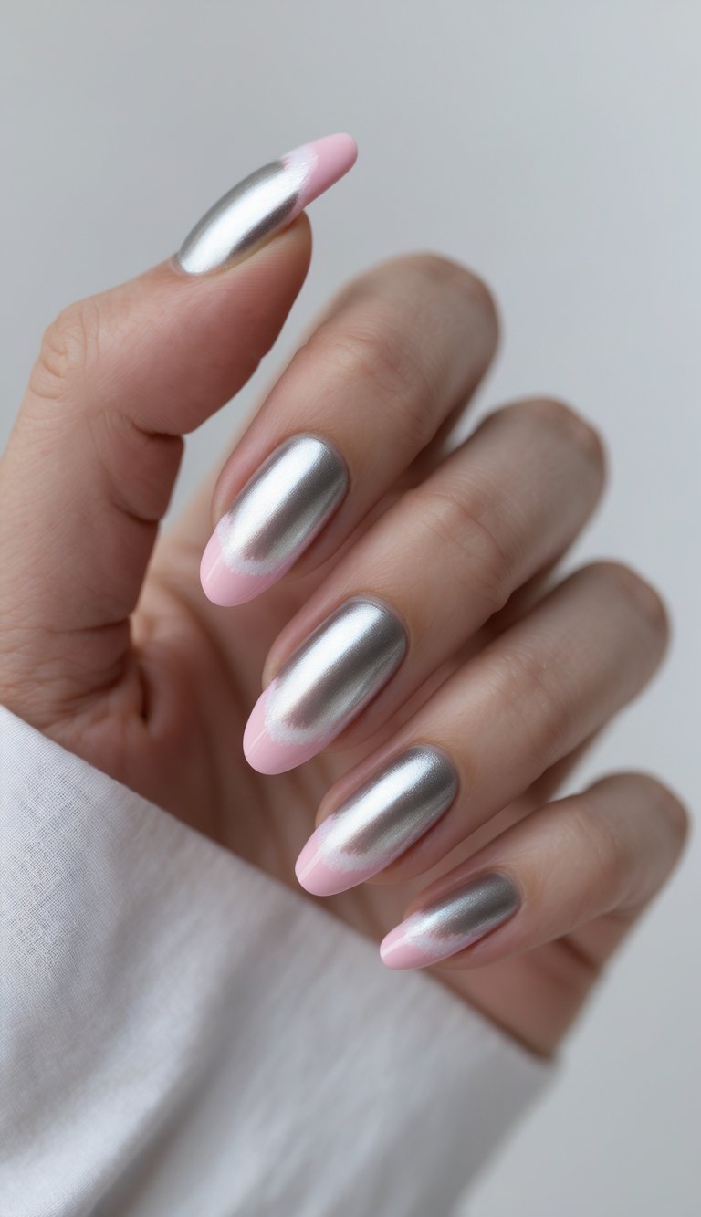 Seen from a natural angle, a hand shows long almond nails designed in a pink and silver nail art idea, highlighting reflective silver chrome paired with soft pink accents.