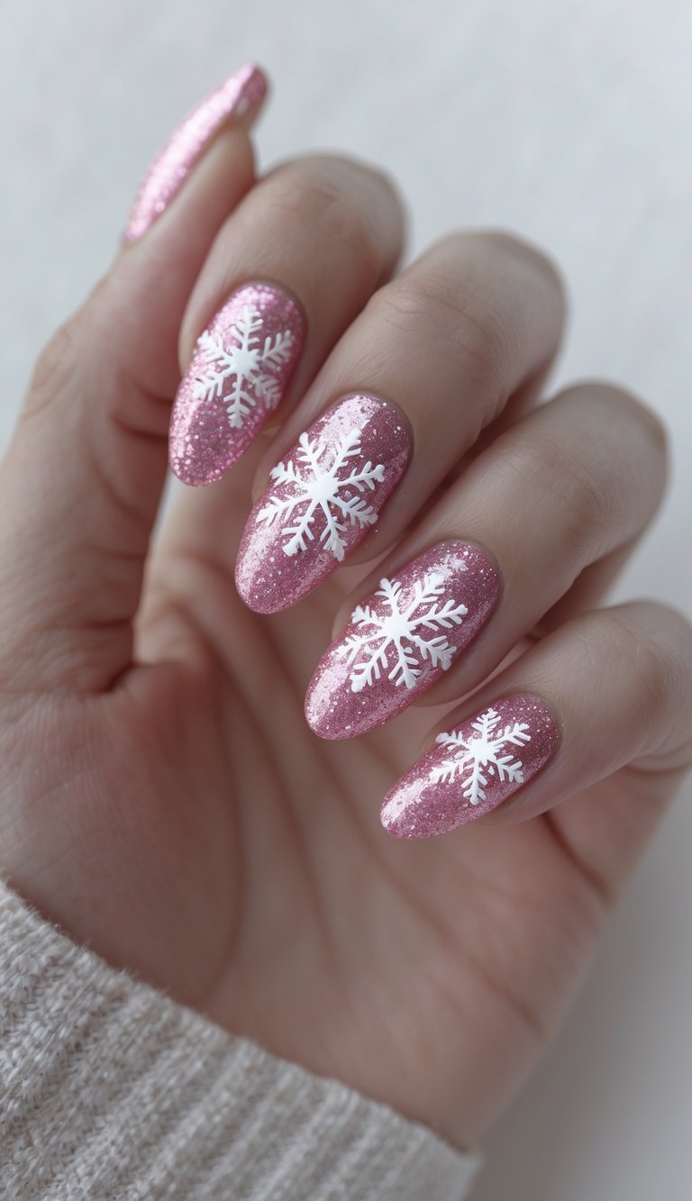 Seen from a natural angle, a hand shows long almond nails designed in a pink and silver nail art idea, featuring pink glitter polish accented by white snowflake artwork.