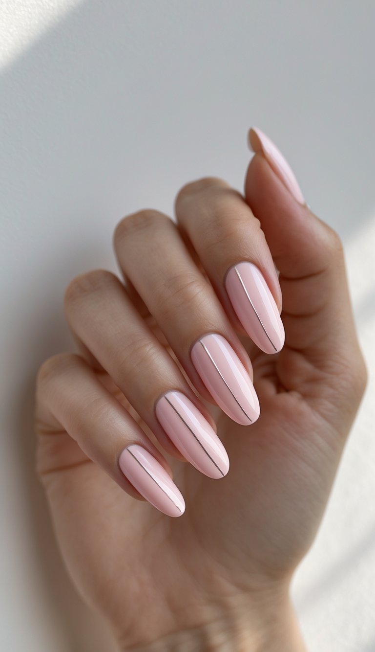 A softly lit hand displays almond-shaped nails in a pink and silver nail art idea, featuring pale pink polish with delicate silver vertical line detailing.