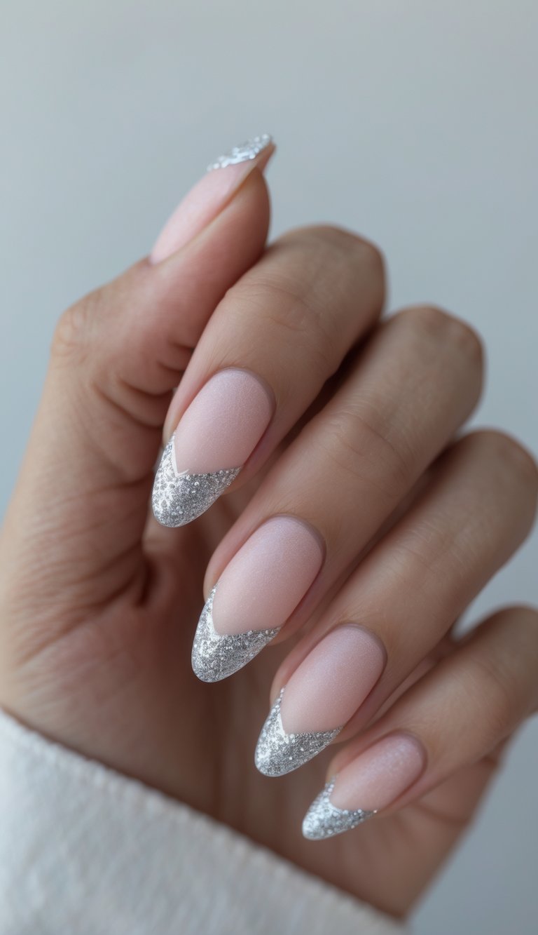 A close-up shows a hand wearing a pink and silver nail art idea, featuring almond-shaped blush nails with shimmering silver glitter tips along the edges.