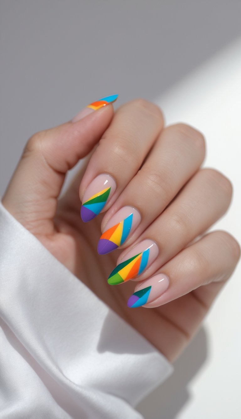 A close-up of a hand with pointed nude nails featuring a rainbow nail art idea in colorful geometric triangles arranged in crisp, modern shapes.