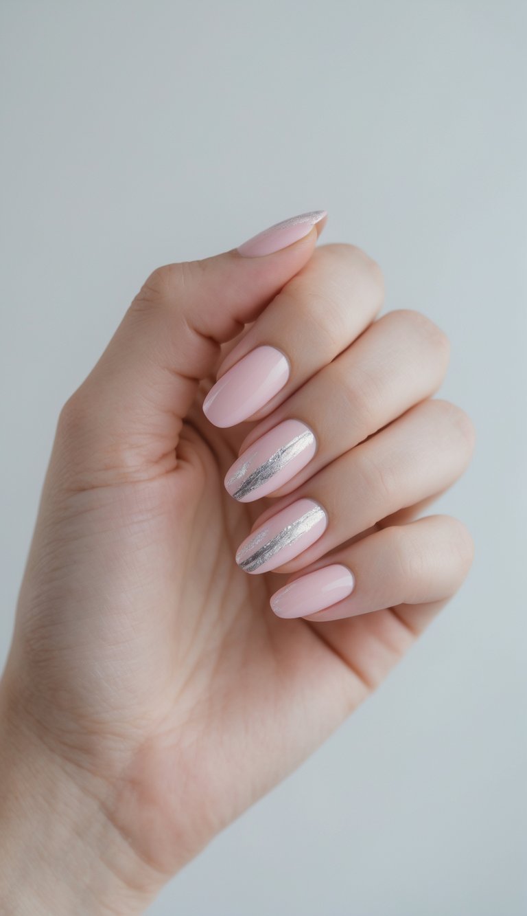 A softly lit hand shows a pink and silver nail art idea with pale pink almond-shaped nails, highlighted by delicate silver streak accents on select fingers.