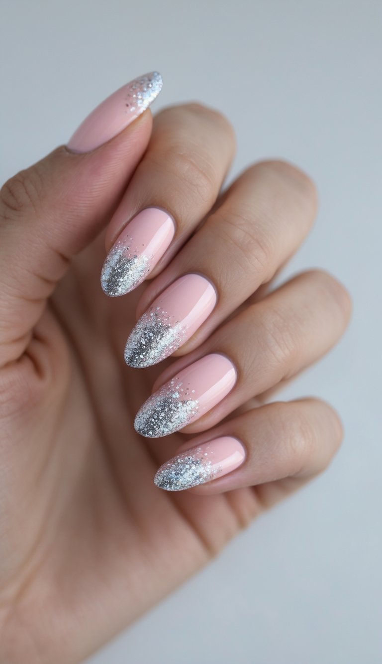 A close-up shows a hand styled in a pink and silver nail art idea, featuring pale pink almond nails with softly blended silver glitter concentrated near the tips.