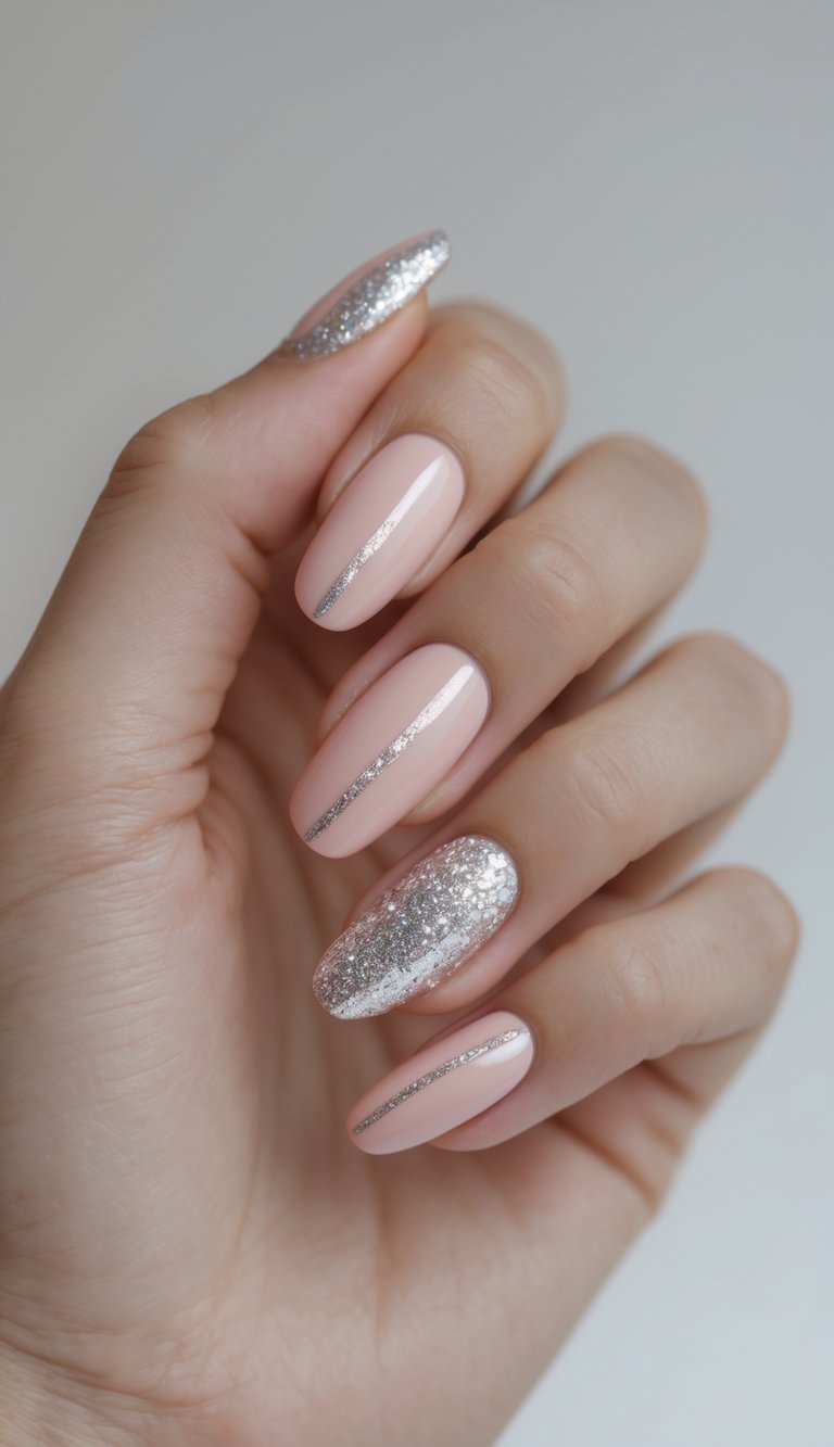 Seen from a natural angle, a hand reveals a pink and silver nail art idea with blush-pink almond nails, fine silver striping, and a shimmering silver glitter accent nail.