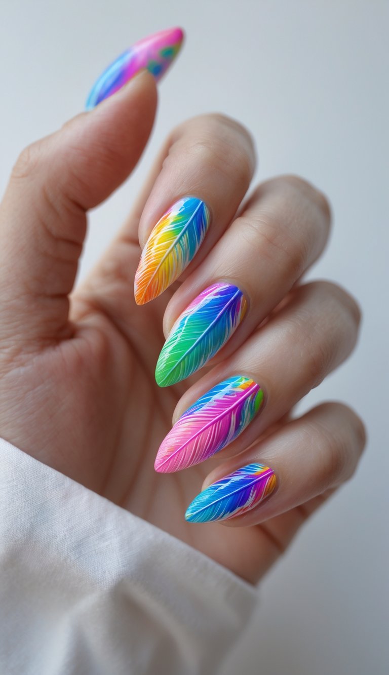 Hand with long almond nails styled in a rainbow nail art idea showing neon color fades from pink to green, topped with white feather strokes.