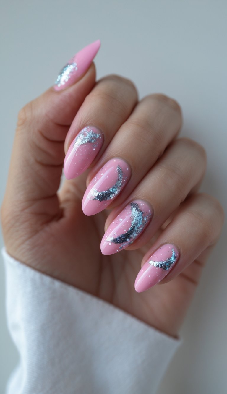 Seen up close, pale pink almond nails feature sweeping silver glitter arcs placed diagonally across each nail.